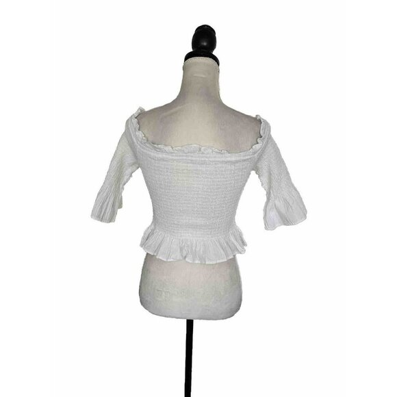 Moon River Peplum Style Smock Bustline White Crop Ruffle Neck Sz L Off Shoulder - Picture 3 of 8